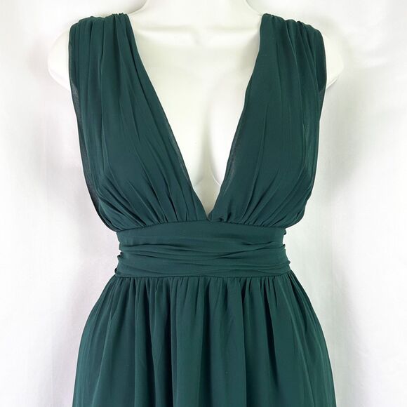 NWT Lulus Heavenly Hues Forest Green Maxi Dress (L) Plunging Georgette Gown - Picture 3 of 13